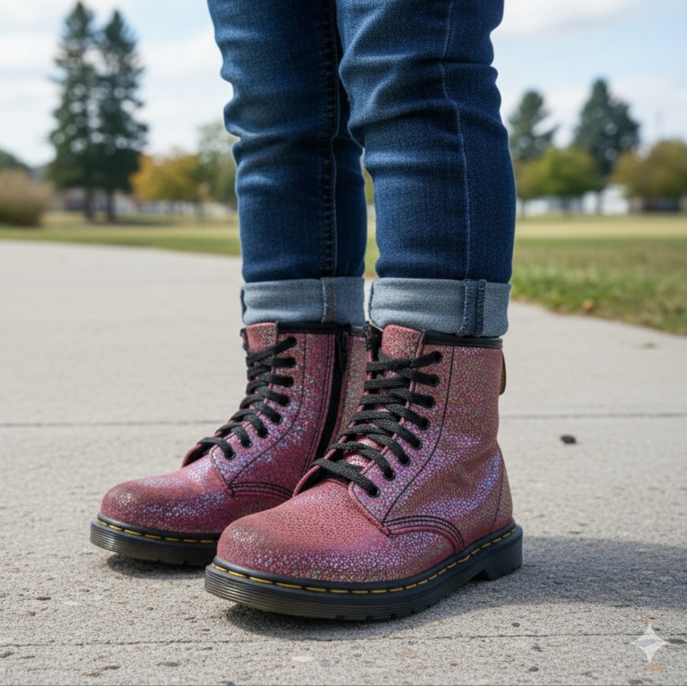 Dr Martens 1460 Pascal Boots Girls Size 9 Glitter Rose Brown Side Zip Lace Up